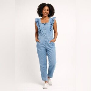 Entro Denim Ruffle Straight Leg Jumpsuit Size L